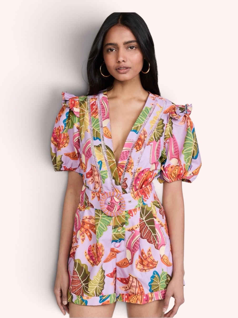 FARM Rio Lilac Beaks & Bananas Belted Romper Tropical Toucan